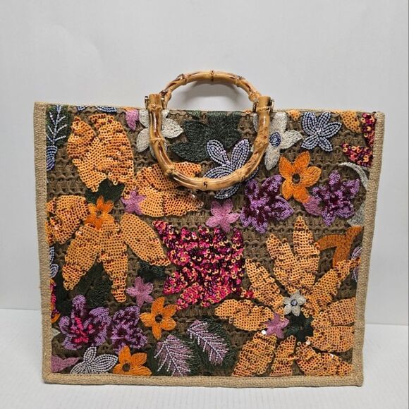 unmarked Handbags - Boho Floral Embroidered Sequined Jute Summer Beach Tote Bag Colorful